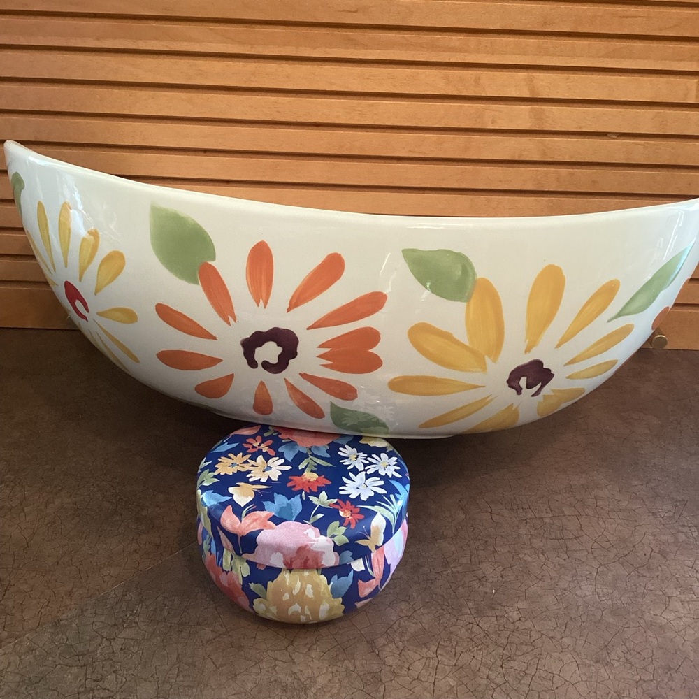 Pier 1 "Flowers" Earthenware Hand Painted Large Serving Bowl